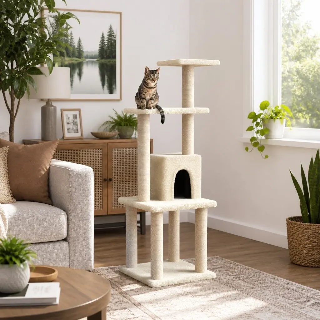 Cat Tree Multi-Level Scratching Post Climbing Activity Centre Perch Rest Cream 105cm