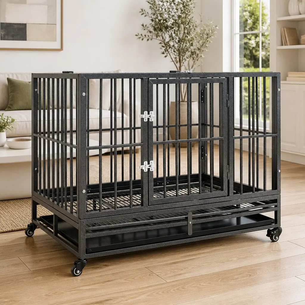 Dog Cage with Wheels Lockable Puppy Enclosure Steel Frame Detachable Tray