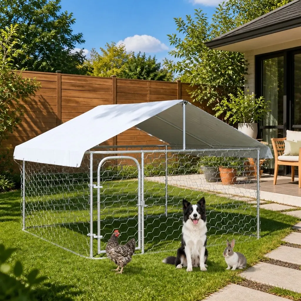 Outdoor Dog Kennel Sturdy Steel Frame with Roof Large Pen Run Enclosure Silver