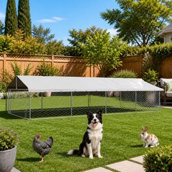 Outdoor Dog Kennel with Roof Silver Sturdy Steel Mesh Run Enclosure Exercise Pen