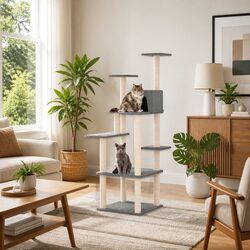 Cat Tree Multi-Level Tower with Sisal Scratching Posts House Platforms Grey