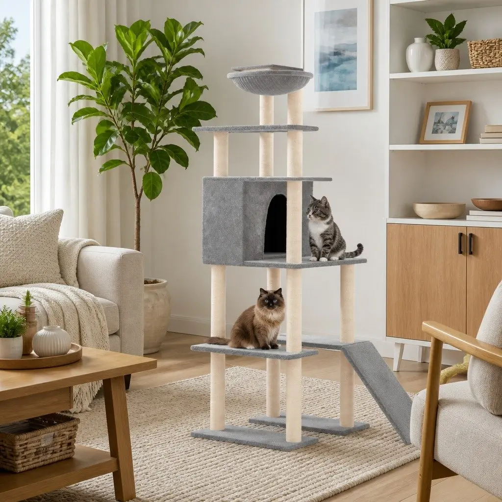Cat Tree Multi-Level Grey 166 cm with Sisal Scratching Posts House Hammock Ladder