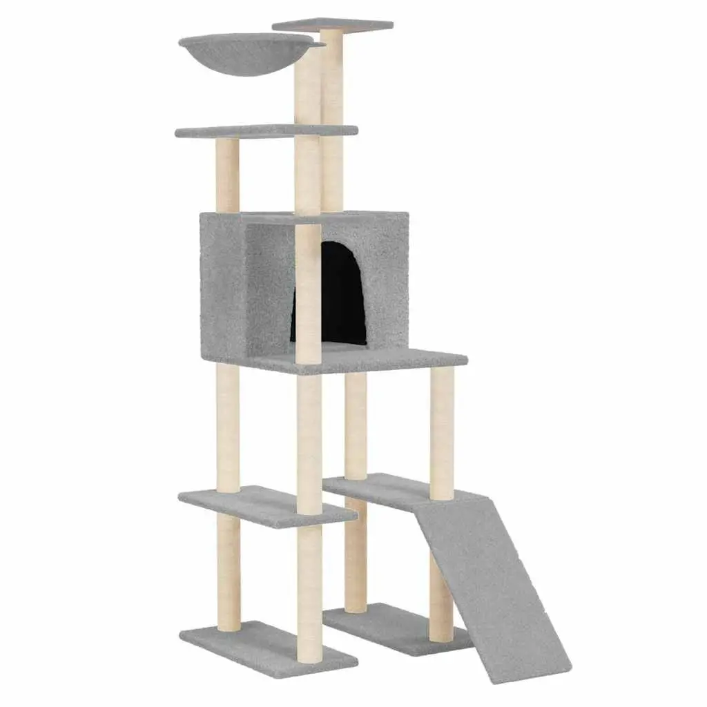 Cat Tree Multi-Level Grey 166 cm with Sisal Scratching Posts House Hammock Ladder