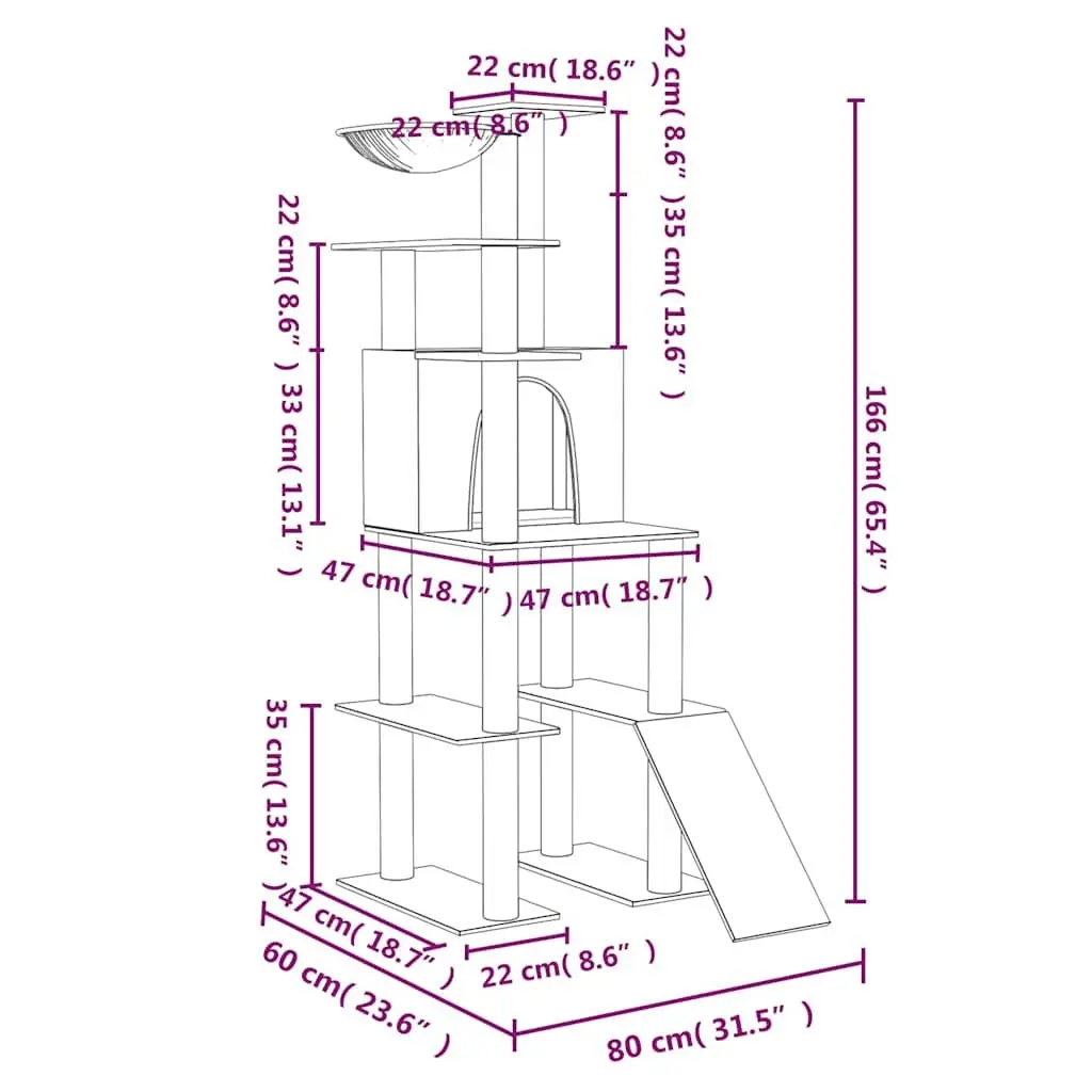 Cat Tree Multi-Level Grey 166 cm with Sisal Scratching Posts House Hammock Ladder