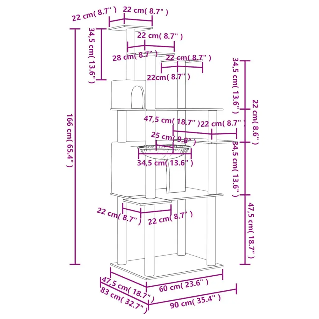 Cat Tree Multi-Level House Grey 166 cm with Sisal Scratching Posts and Basket Platforms