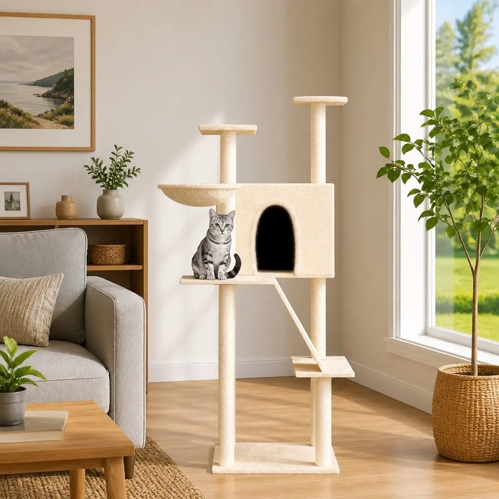 Cat Tree Cream Multi-Level Furniture House Basket Ladder Platforms 143 cm