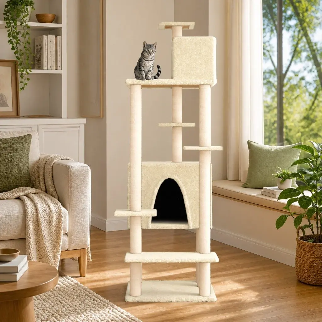 Cat Tree Multi-Level Houses Platforms Cream 154cm