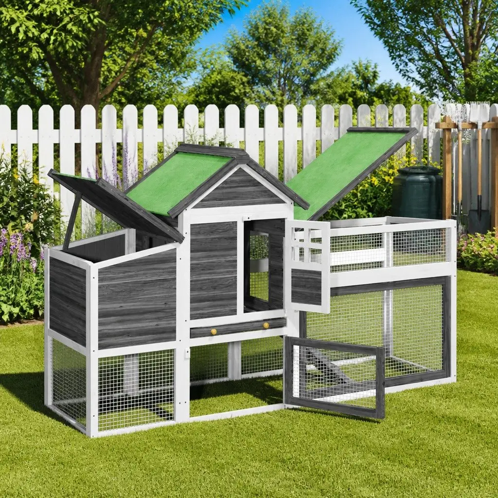 Chicken Coop Wooden Nesting Box Run Ramp Grey Solid Pine Wood 1865 x 585 x 1130 mm