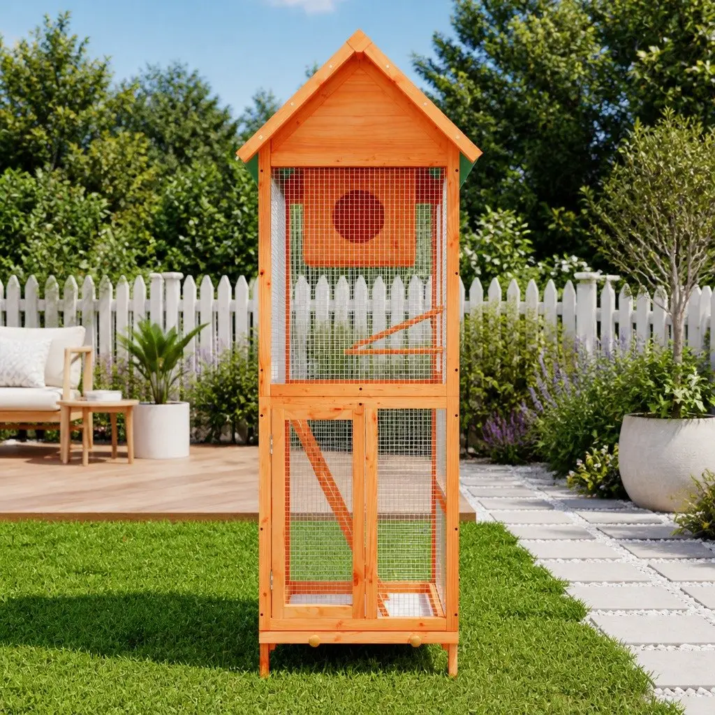 Bird Aviary House Wooden Large Outdoor Nesting Box with Perches and Ladder Brown 60 x 58.5 x 160 cm
