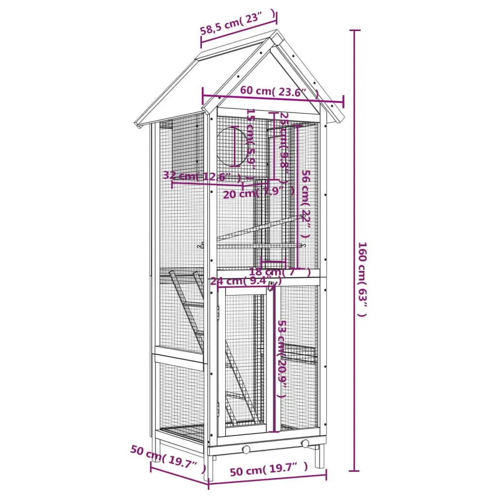 Bird Aviary House Wooden Large Outdoor Nesting Box with Perches and Ladder Brown 60 x 58.5 x 160 cm