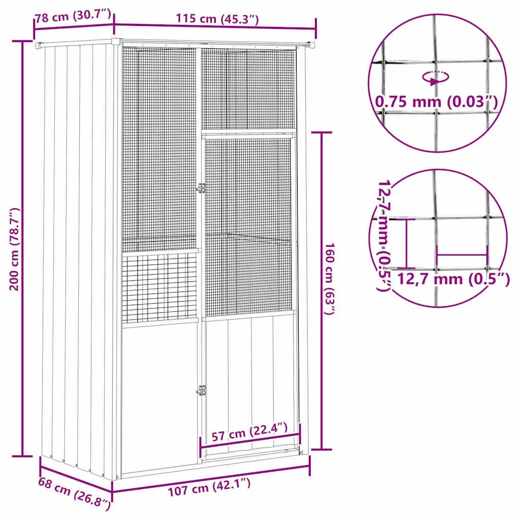 Bird Cage Large Grey Galvanised Steel Walk In Flight Enclosure 115 x 78 x 200 cm