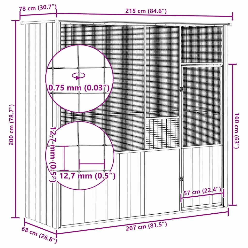 Bird Cage Aviary Grey Large 215x78x200 cm Galvanised Steel Frame Welded Fence