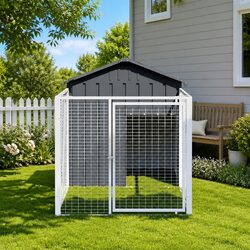 Dog House with Run Anthracite Galvanised Steel Outdoor Puppy Kennel Enclosure