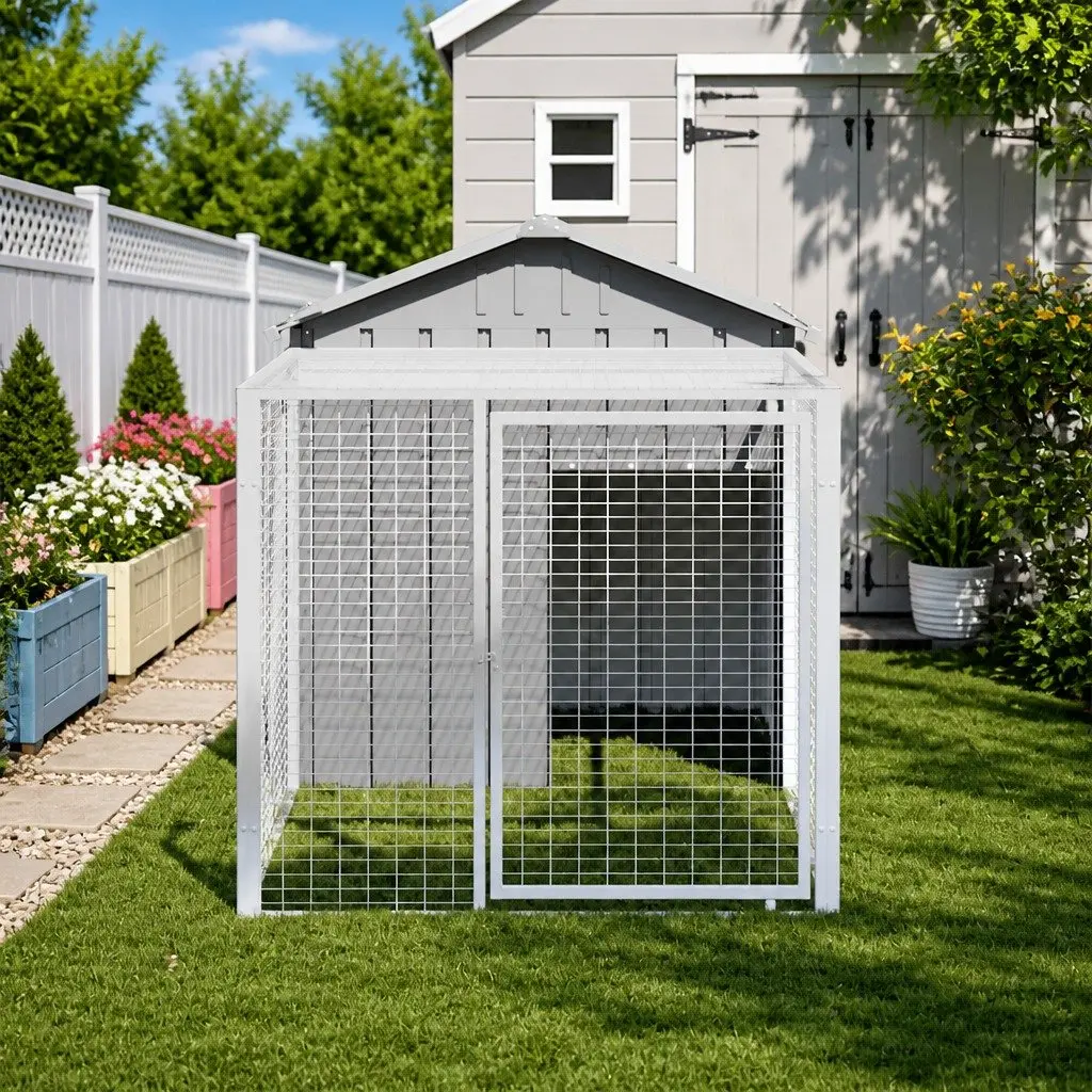 Chicken Cage with Run Galvanised Steel Light Grey Small Animal Habitat 117 x 201 x 123 cm