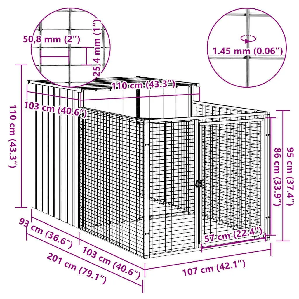 Dog House with Run Galvanised Steel Anthracite 110 x 201 x 110 cm