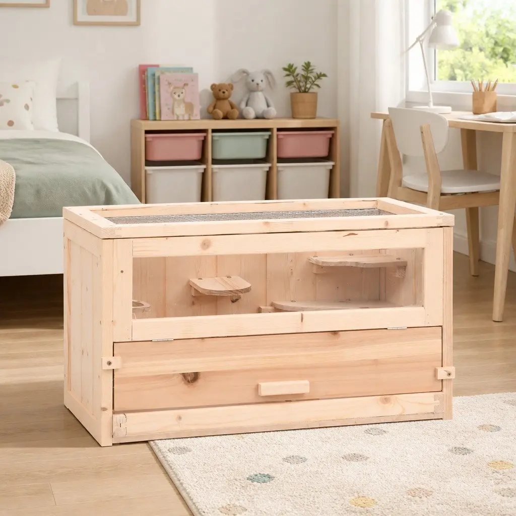 Hamster Cage Solid Fir Wood 60x30x35 cm Small Animal House with Accessories
