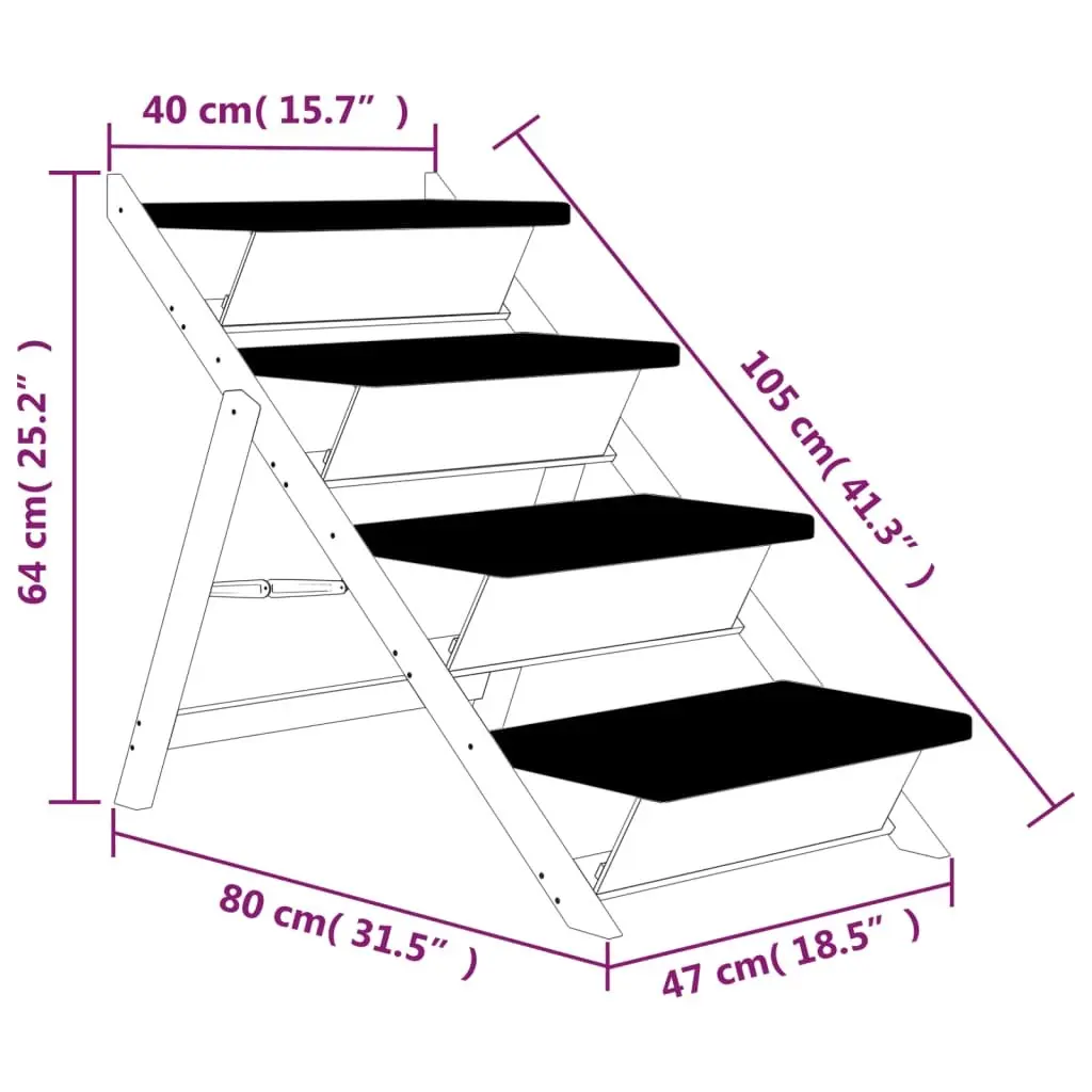 Dog Pet Stairs Folding Ramp Grey Solid Wood Fir 105x47cm Anti-slip Step