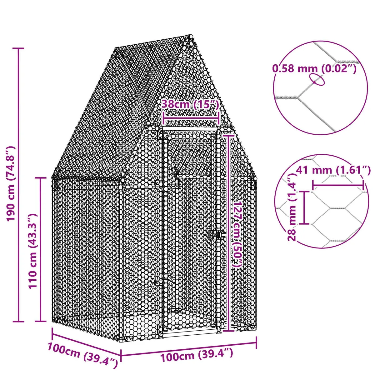 Chicken Cage Galvanised Steel Walk In Hen Run 100x100x190 cm