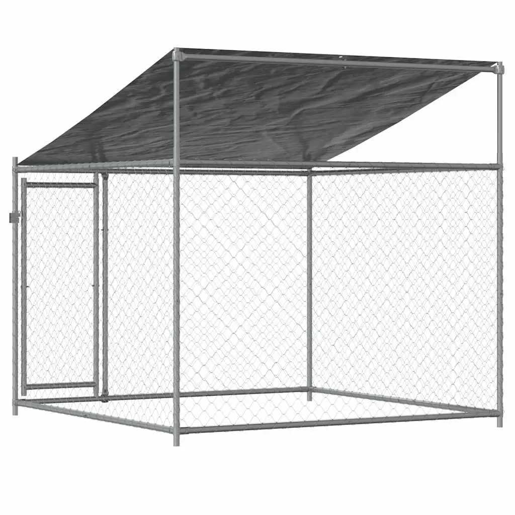 Dog Kennel Outdoor Pet Enclosure with Roof Lockable Door Grey Galvanised Steel 2x2x2m