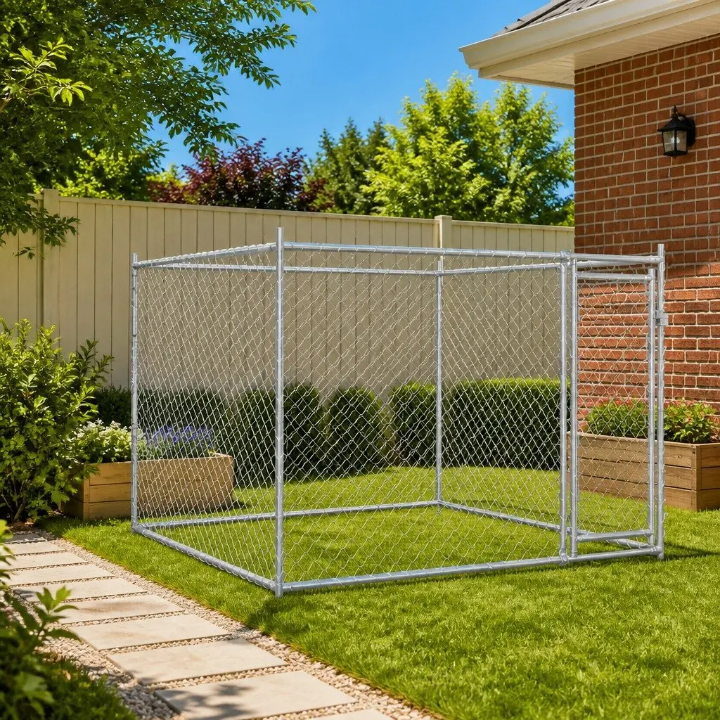 Dog Kennel Heavy-Duty Galvanised Steel Grey 2x2x1.5 m Outdoor Cage with Lockable Door