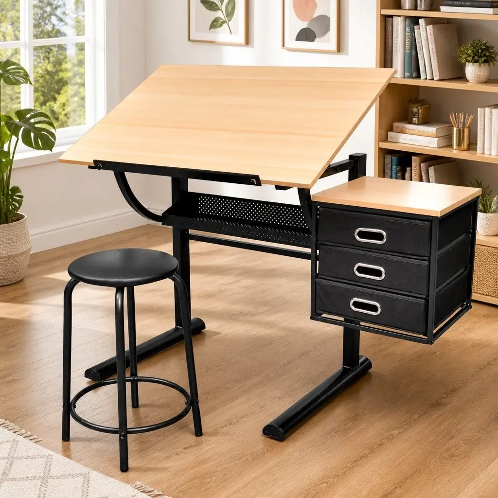 Drawing Desk Drafting Table with Stool Tiltable Tabletop Three Drawers Storage