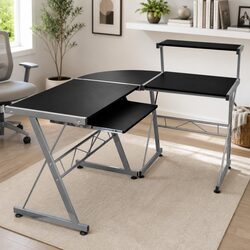 Corner Computer Desk L-Shaped Office Study Table with Keyboard Tray Shelf Black