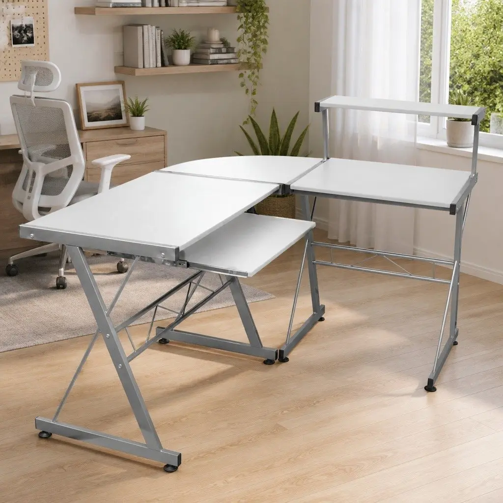 L-Shaped Corner Computer Desk White Workstation with Sliding Keyboard Tray and Top Shelf