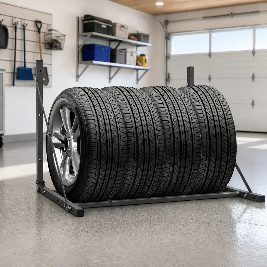 Foldable Tyre Rack Wall Mounted Adjustable Steel 81-122cm