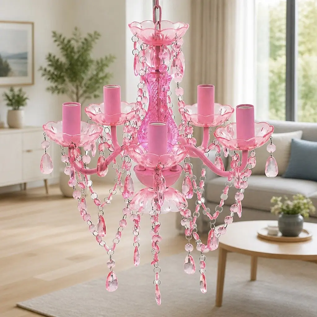 Crystal Ceiling Light Chandelier Pink 5 Bulbs