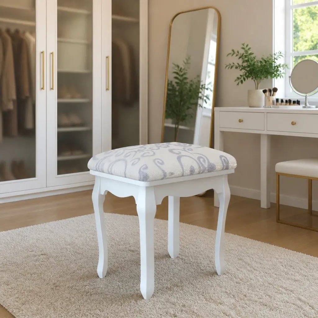 Dressing Stool Vintage Design Curved Legs Padded Seat Bedroom Furniture White