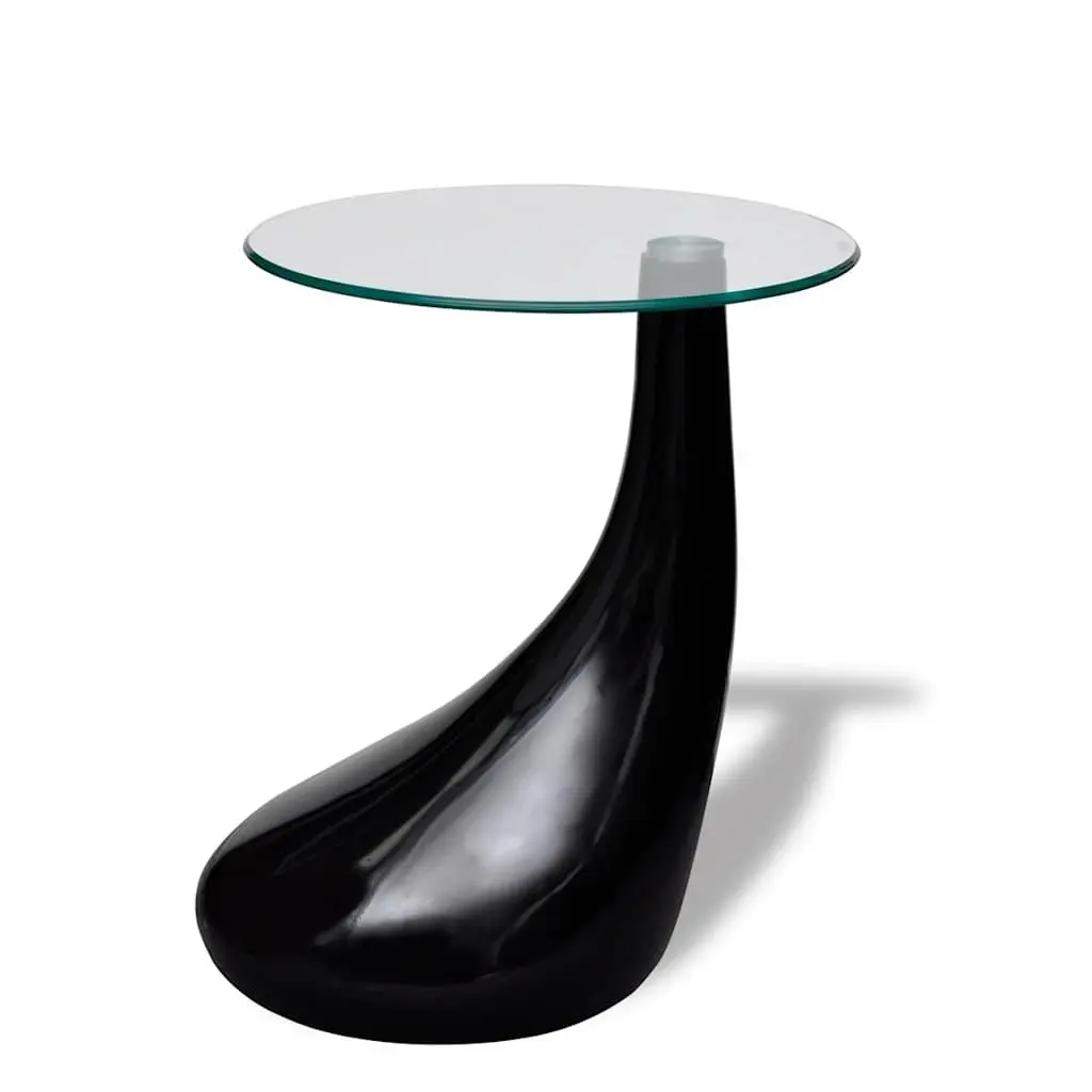 Coffee Table Round Glass Top High Gloss Black Water Drop Base Living Room