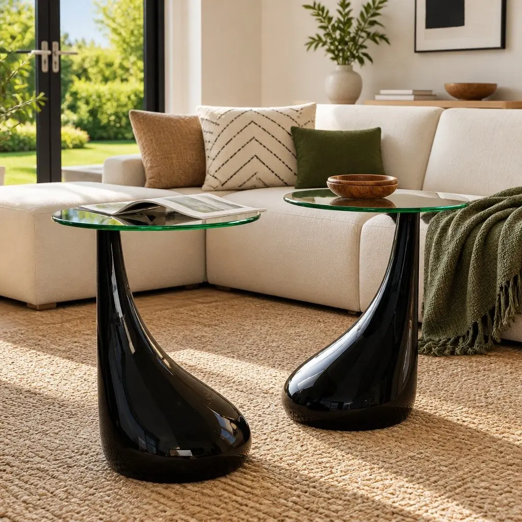 Coffee Table Set Round Glass Top High Gloss Black 2 Pcs