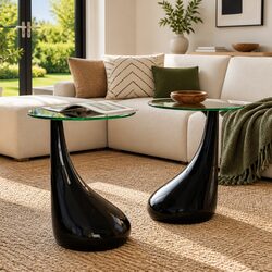 Coffee Table Set 2 Pcs Round Glass Top High Gloss Black Living Room Accent