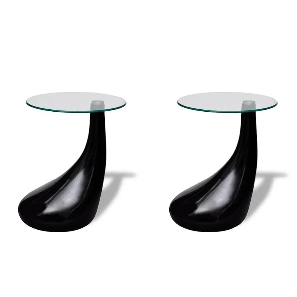 Coffee Table Set Round Glass Top High Gloss Black 2 Pcs