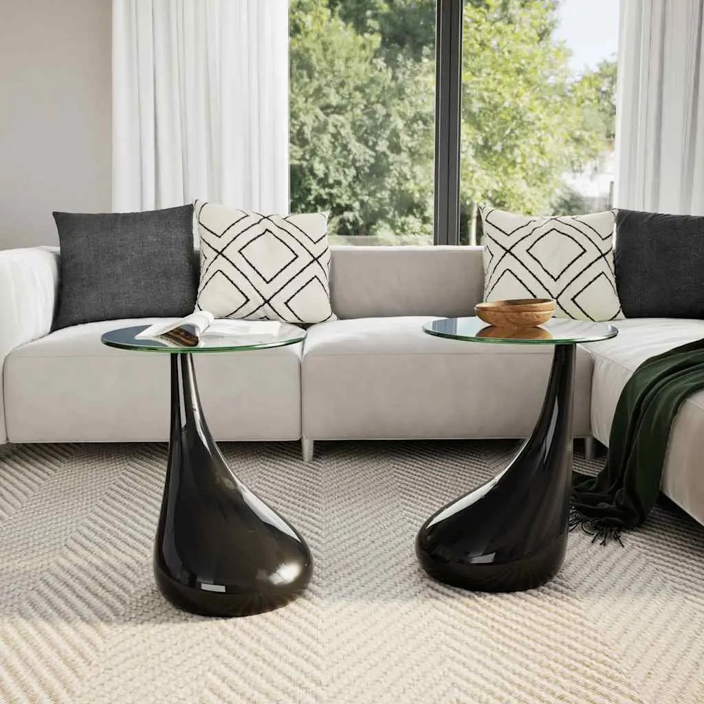 Coffee Table Set Round Glass Top High Gloss Black 2 Pcs