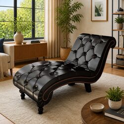 Chaise Lounge Brown Faux Leather Button Tufted Scroll Design Padded Furniture