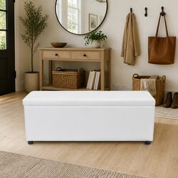 Storage Bench White Medium Seat Cushion Lift Top Opening Closing Mechanism