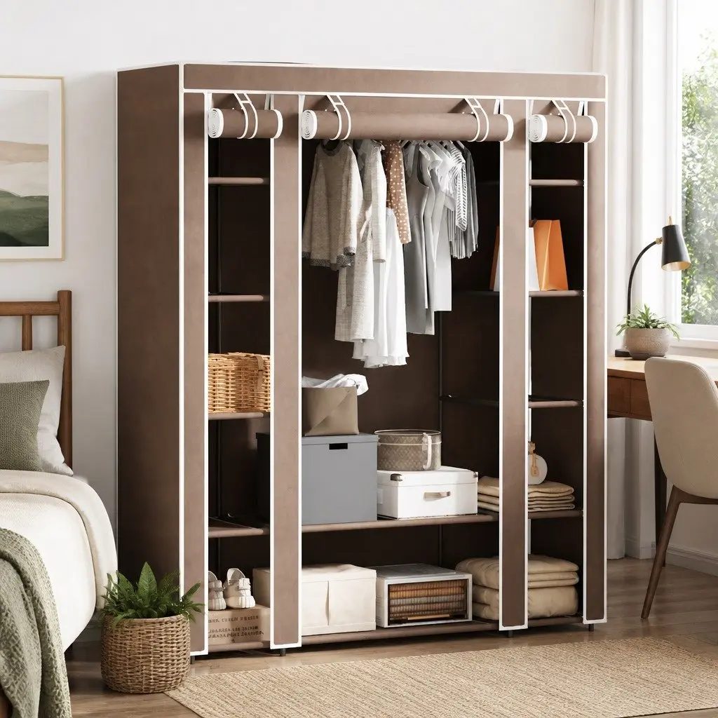 Portable Wardrobe Cabinet Brown Fabric 45x150x176 cm
