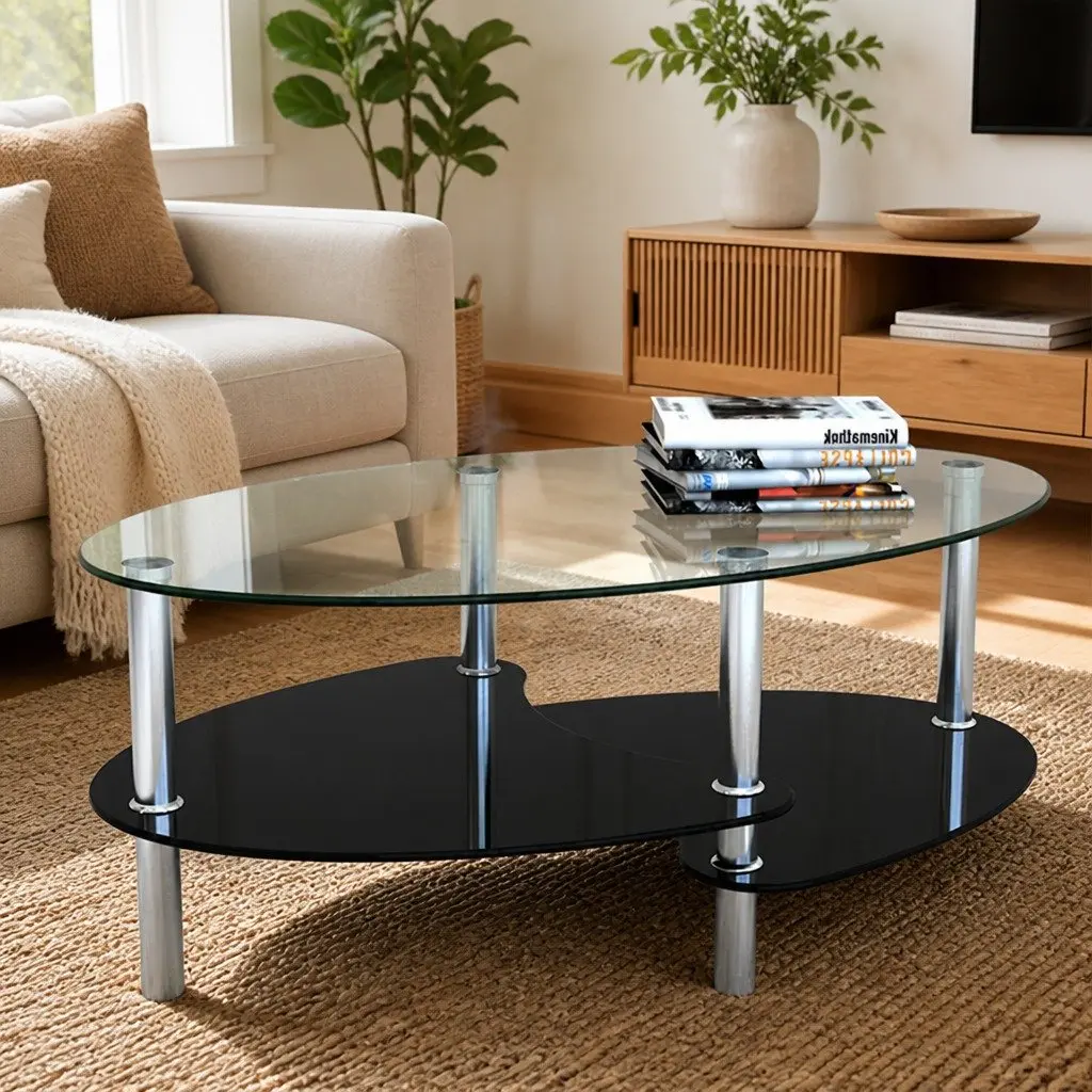Coffee Table Black Elegant Design 3-Layer Storage Living Room Accent Furniture