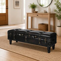 Long Storage Bench Brown Tufted Cushion Faux Leather MDF Hallway Entryway
