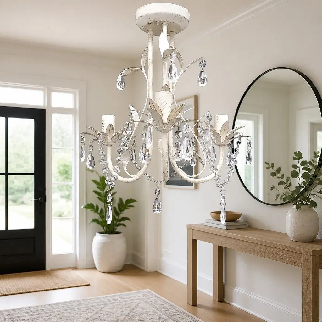 Crystal Pendant Ceiling Lamp Chandelier White Elegant Foyer Dining Room Living