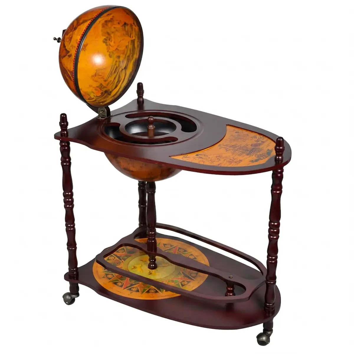 Globe Bar Cabinet Freestanding Wooden Storage Display with Table Brown