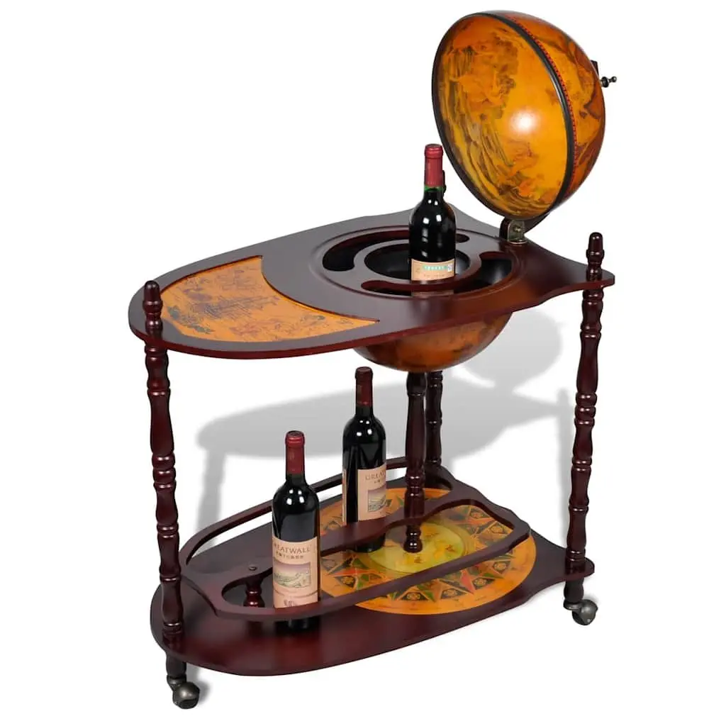 Globe Bar Cabinet Freestanding Wooden Storage Display with Table Brown