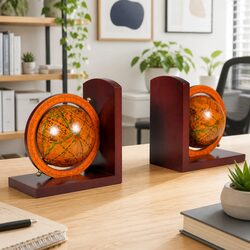 World Map Globe Bookends Pair Brown Desk Office Home Decor Book Holder Stand