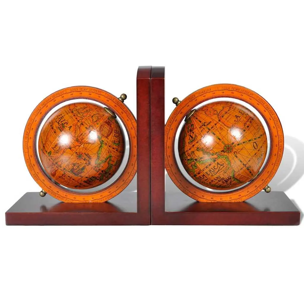 World Map Globe Bookends Pair Brown Desk Office Home Decor Book Holder Stand