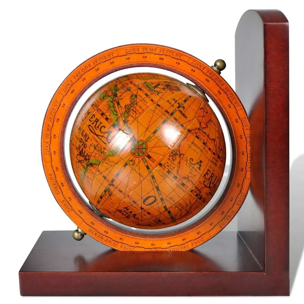 World Map Globe Bookends Pair Brown Desk Office Home Decor Book Holder Stand
