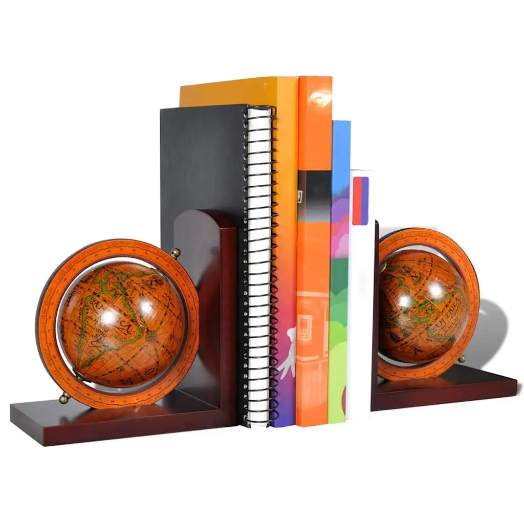 World Map Globe Bookends Pair Brown Desk Office Home Decor Book Holder Stand