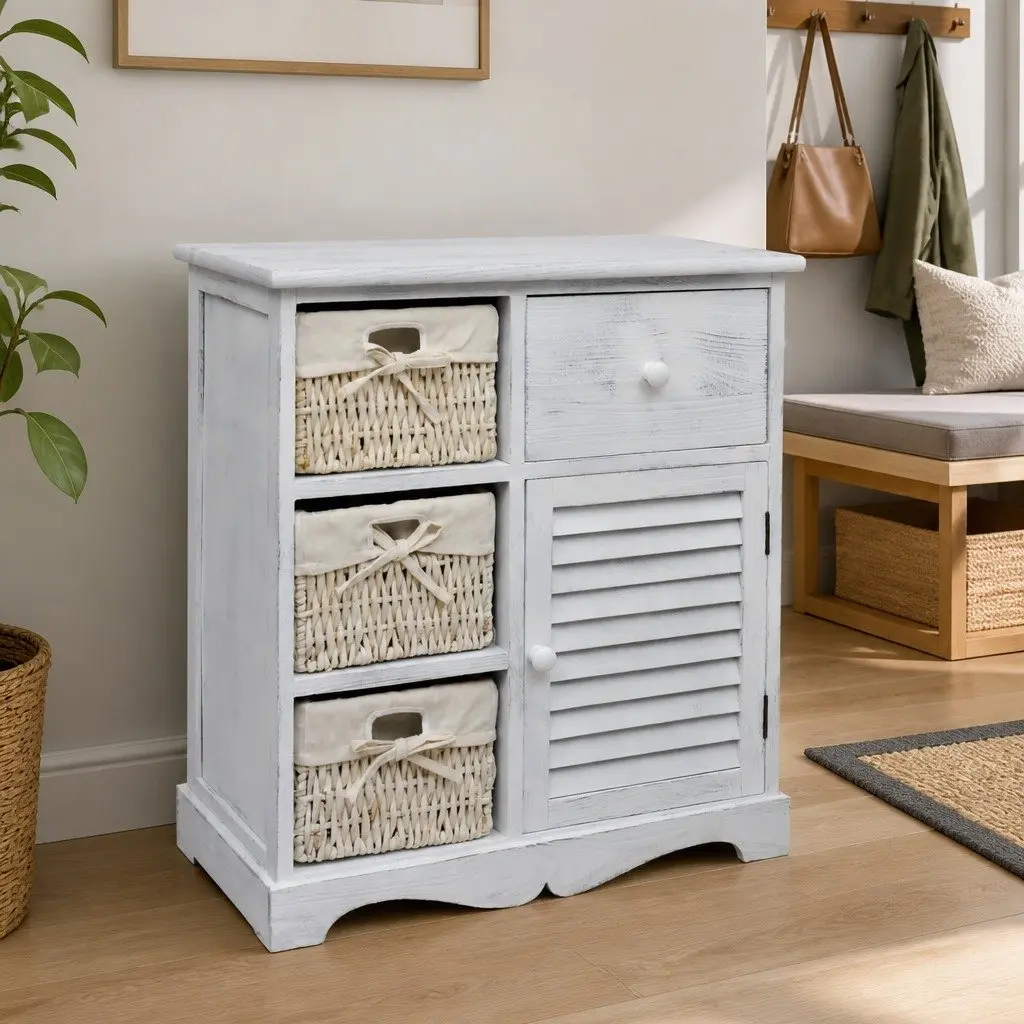 White Wooden Storage Cabinet with 3 Weaving Baskets Country Style