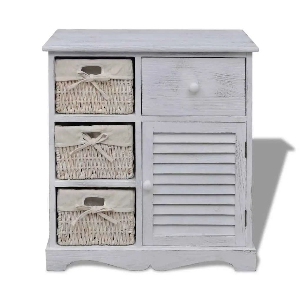 White Wooden Storage Cabinet with 3 Weaving Baskets Country Style
