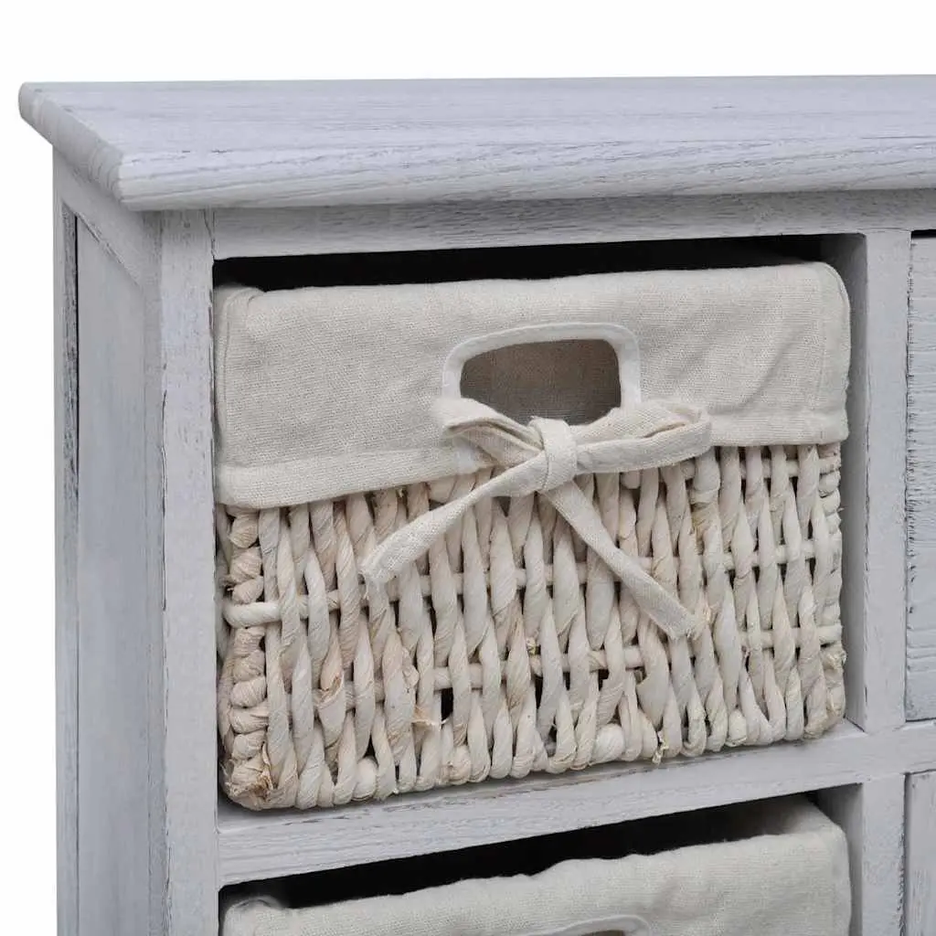 White Wooden Storage Cabinet with 3 Weaving Baskets Country Style